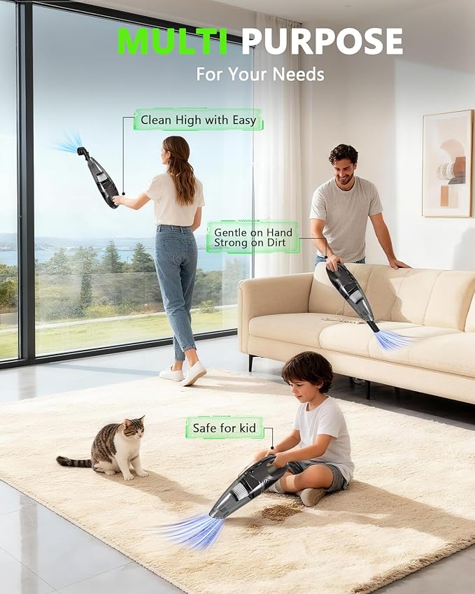 Handheld Vacuum Cordless, 11KPA Strong Suction & 25 Mins Runtime Brushless Motor, Rechargeable Car Vacuum Cleaner with 2 HEPA Filter/Multi-Accessories/Lightweight, for Home/Car/Office Cleaning