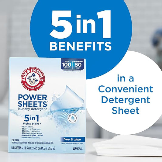 ARM & HAMMER 5-in-1 Power Sheets Laundry Detergent, Free & Clear, 50 Count, up to 100 Small Loads