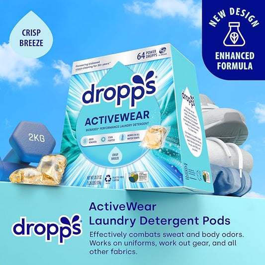 Dropps Activewear Biobased Power Laundry Detergent Pods, Crisp Breeze (64 Count) - Laundry Pods Fights Tough Stains & Odors, Sweat & Dirt - HE Compatible Laundry Supplies for Clean Clothes