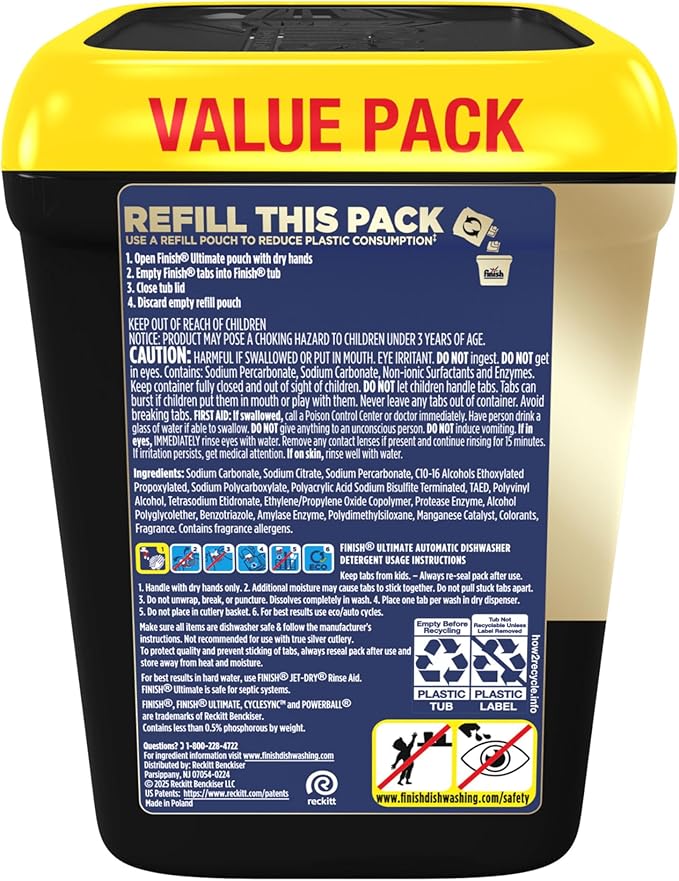 Finish Ultimate Dishwasher Pods,No Pre-Rinse Dishwasher Detergent Soap Removes Burnt-On Stain,with CycleSync Technology,Degreasing & Scrubbing Power,(Packaging may vary),52 Count (Pack of 3)