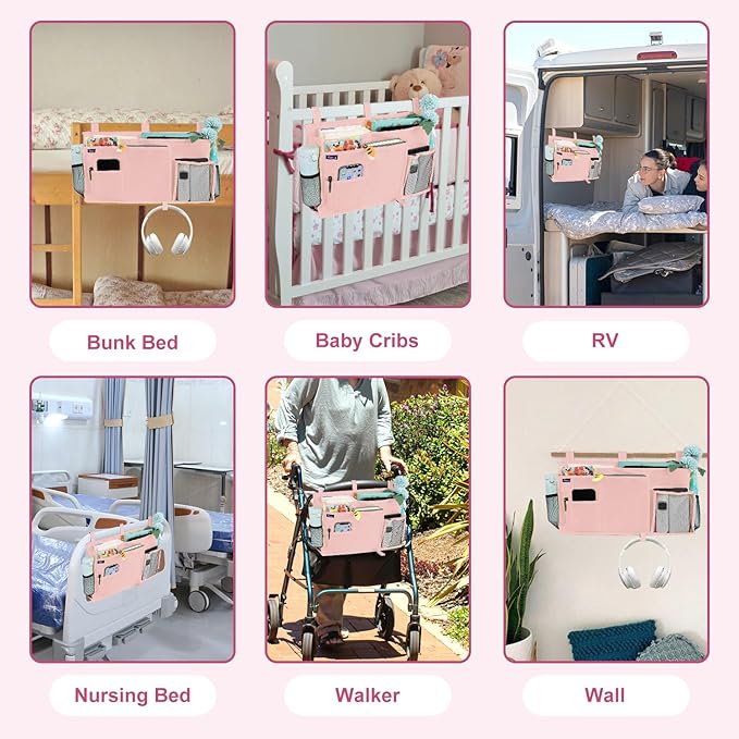 Surblue Bedside Caddy Hanging Bed Organizer Storage Bag Pocket for Bunk and Hospital Beds, College Dorm Rooms Baby Bed Rails, Camp 8 Pockets, (Large, Light Pink)