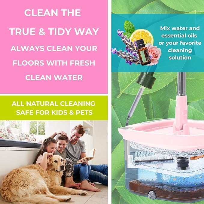 Square Spin Mop & Bucket Smart Floor Mop with Separate Compartments for Clean and Dirty Water, Self Cleaning 2025 Upgraded Version w/Side Brush & Self-Standing Handle, Rose