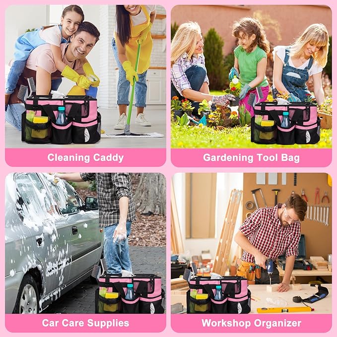 Large Cleaning Caddy Bags, Cleaning Supplies Organizer with Handle & Adjustable Shoulder Straps, 14.7-inch Pink Tool Bag, Cleaning Bags for Housekeepers, Cleaners, Gifts