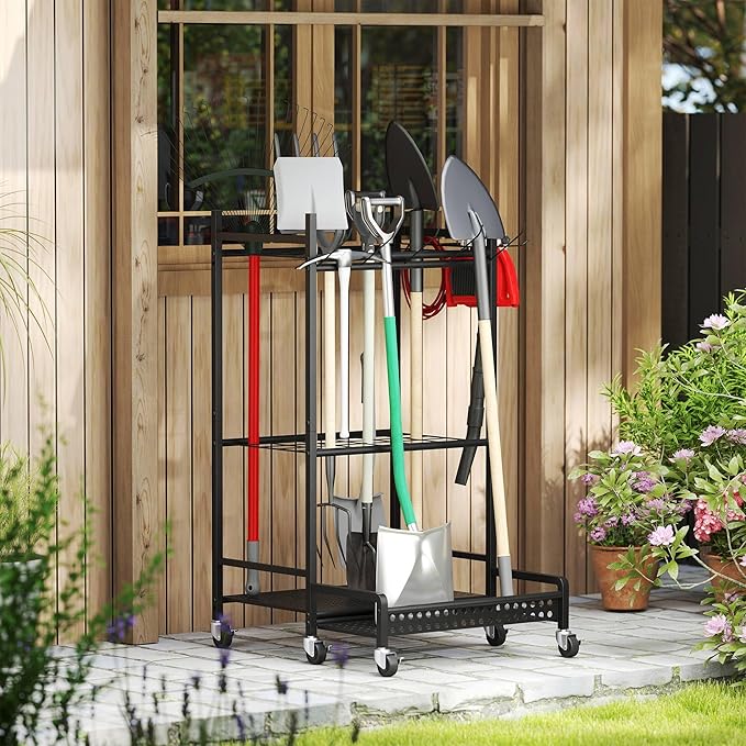 Garden Tool Organizer with Wheels, Heavy-Duty Steel Garage Tool Storage Rack, 360° Rotating Yard Tool Stand for Long-Handled Tools, Lawn Tool Holder for Shovels Rakes Mops Brooms