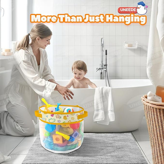UNEEDE Duck Print Bath Toy Organizer, 4.15 Gallons Bathtub Toy Holder, Quick Dry Mesh Shower Caddy, Yellow Duck Stuff
