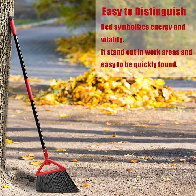 Heavy Duty Angle Broom, 3 Pack Longer Commercial Brooms, Swipe Brooms for Sweeping Indoor Outdoor, Perfect Red Broom of Kitchen, Garage, House, Restaurant