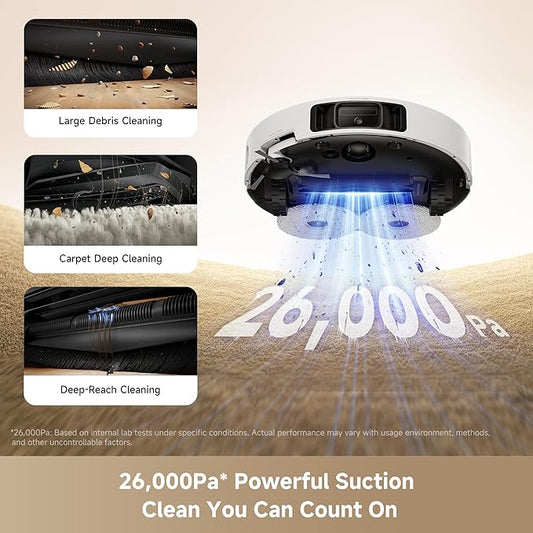 Mova P10 Pro Ultra Gen 2 Robot Vacuum and Mop, 26,000Pa Suaction, 212°F Hot Water Auto Mop Washing, 1-Hour Hot Air Drying, Extenable Mop, All-in-One Dock, Triple Anti-Tangle System for Home