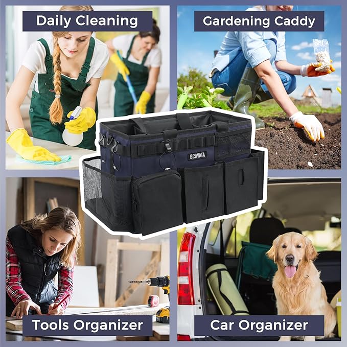 Wearable Cleaning Caddy Bag, Cleaning Caddy Supplies Organizer with Handle & Shoulder Straps for Housekeepers, Under Sink & Car Cleaning Tool Organizers with 4 Foldable Divider Navy (DarkBlue)