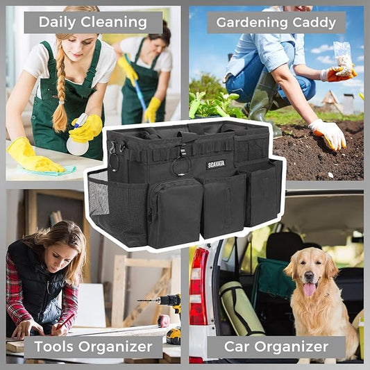 Wearable Cleaning Caddy Bag, Supplies Organizer with Handle & Shoulder Straps for Housekeepers, Under Sink & Car Cleaning Tool Organizer with 4 Foldable Dividers (Black)