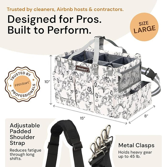 FifthStart Cleaning Caddy Organizer with Handle & Waist/Shoulder Straps - 9 Compartments & Mesh Base - Portable Cleaning Supply Caddy with Waste Bag Dispenser (Beige Floar, Large)