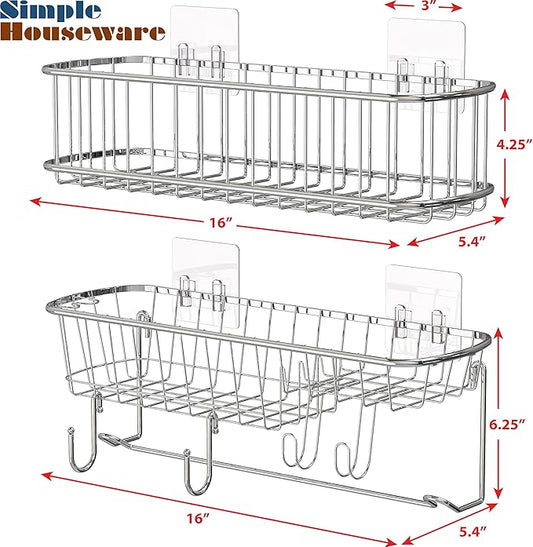 Simple Houseware Bathroom Adhesive Wall Mount Large Shower Caddy w/Hooks, Chrome, 2 Pack
