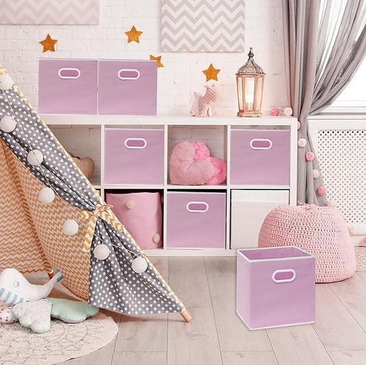 Simple Houseware Foldable Cube Storage Bins with Handles, 11-Inch, Pink, 6-Pack, Fabric Cubes Organizer for Closet or Shelves