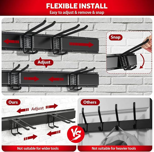 64 Inches Garage Tool Organizer Wall Mount, Tool Storage Rack Wall Mount, Heavy Duty Garden Wall Organizer System for Yard, garage and Shed, Tool Holder for Hanging Rake Snowboard Broom Mop