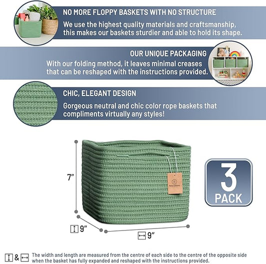 NaturalCozy Storage Cubes 9”x9”x7”Cotton Rope Woven Baskets for Organizing 3-Pack | 9 Inch Cube Storage Bin | Small Basket for Shelf Nursery, Pantry, Decorative Plant, Bathroom Closet, Toy Gift