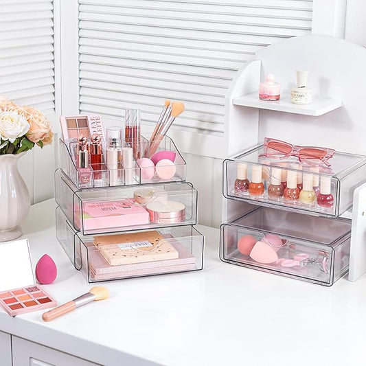 Vtopmart 5 Tier Clear Makeup Organizer with Drawer, Cosmetic Storage for Dresser Countertop and Bathroom Vanity, Beauty Holder for Lipstick Brush Skincare