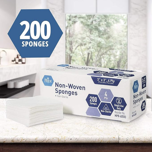 MED PRIDE 3x3 in Gauze Pads 200 Pack, Nonsterile, 4 Ply, Nonadherent Mesh Bandages, Absorbent Wound Care Dressing Sponges