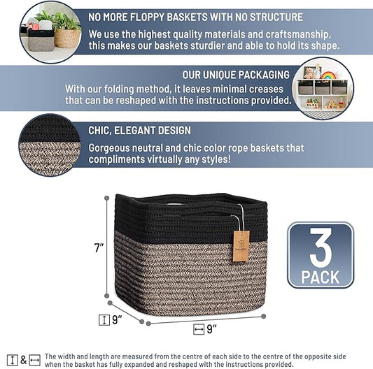 NaturalCozy Storage Cubes 9”x9”x7”Cotton Rope Woven Baskets for Organizing 3-Pack | 9 Inch Cube Storage Bin | Small Basket for Shelf Nursery, Pantry, Decorative Plant, Bathroom Closet, Toy Gift