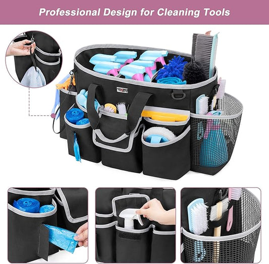 LoDrid Cleaning Caddy Bag with Handle and Shoulder Strap, Cleaning Supplies Organizer for Cleaning Work with 3 Compartments and Multifunctional Pockets, Black with Gray Edge