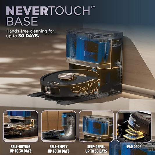 Shark PowerDetect NeverTouch, Self-Empty & Self-Refill, Robot Vacuum and Mop with Bagless, 30-Day Debris Capacity HEPA Base, 30-Day Capacity Refill Tank, Pad Dry, Black, AV2810YS