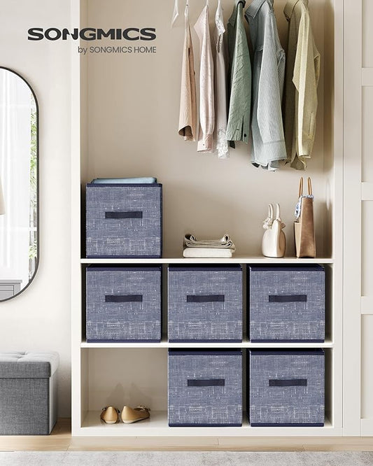 SONGMICS Storage Cubes, 13-Inch Non-Woven Fabric Bins with Double Handles, Set of 6, Closet Organizers for Shelves, Foldable, for Clothes, Misty Blue UROB033I01