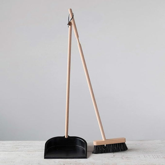 Creative Co-Op Beech Wood Broom & Standing Metal Dust Pan, Natural & Black