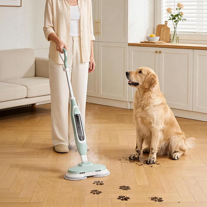 Apical Life Steam & Scrub Steam Mop, All-in-One Scrubbing and Sanitizing Hard Floor Cleaner, LED Headlights, 4 Dirt Grip Soft Scrub Pads Included, L Water Tank, Swivel Steering, Light green