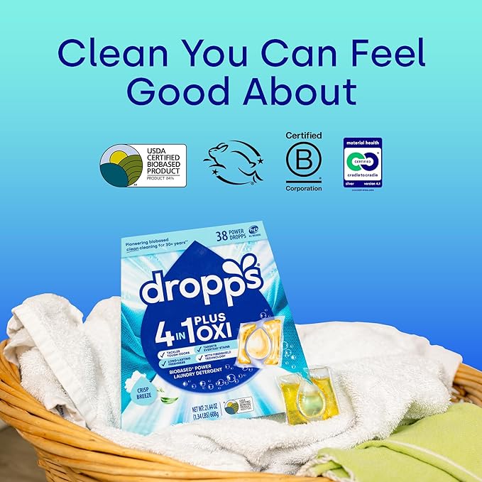 Dropps 4-in-1 Plus Oxi Crisp Breeze Power Biobased Laundry Detergent Pods (76 Pods) - Chlorine-Free Bleach Alternative Biobased Laundry Whitener, Stain & Odor Remover