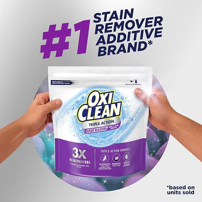 OxiClean Triple Action Odor Blasters, Removes Stains and Eliminates Tough Odors, Stain Remover Powder, Use with Detergent, Color-Safe and Chlorine-Free, 4 Lbs, Pack of 1