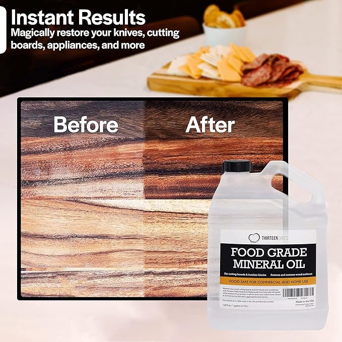 Thirteen Chefs Mineral Oil - 128oz Food Grade Conditioner for Wood Cutting Board, Countertop & Butcher Block, Lubricant for Knife or Meat Grinder - Safe USP Finish on Marble, Soapstone