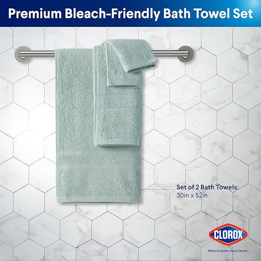 CLOROX Bleach Friendly Towels, Quick Dry, 100% Cotton Bath Towels (30" x 52"), Highly Absorbent Soft Lightweight, Ideal for Everyday Use, Easy to Wash (2 Pack, Mineral Blue)