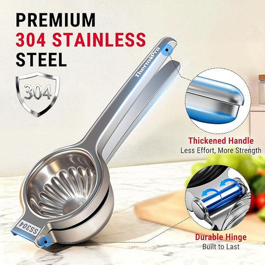 ThermoPro Lemon Lime Squeezer, 304 Stainless Steel Hand Press Citrus Juicer with Grooved Bowl & 8 Filter Holes, Heavy-Duty Hinged Handle, High Juice Yield, Easy to Use & Dishwasher Safe