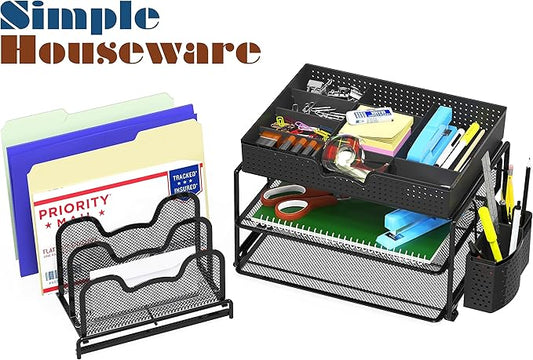 Simple Houseware Mesh Desk Organizer with Sliding Drawer, Double Tray and 5 Stacking Sorter Sections, Black