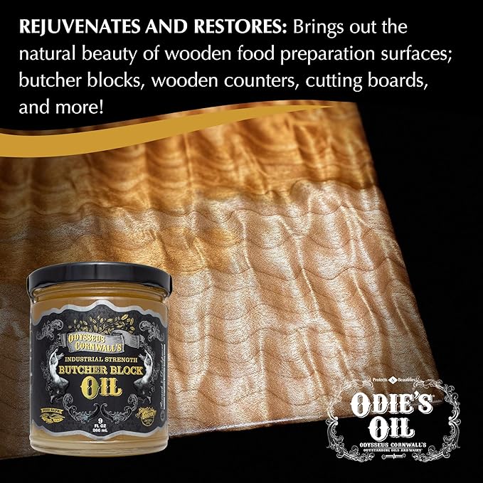 Odysseus Cornwall's Industrial Strength Butcher Block Oil 9 oz, Protect & Beautify Butcher Blocks, Countertops, Cutting Boards & More! Curing Finish. Unparalleled Coverage. All Natural. Food Safe.