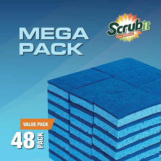 SCRUBIT 48 Pack Kitchen Sponges - Dish Sponge for Washing Dishes, Kitchen & Bathroom – Blue Dishwashing Sponges Along with A Thought Scrubber – Bulk Cleaning sponges Kitchen (Blue)