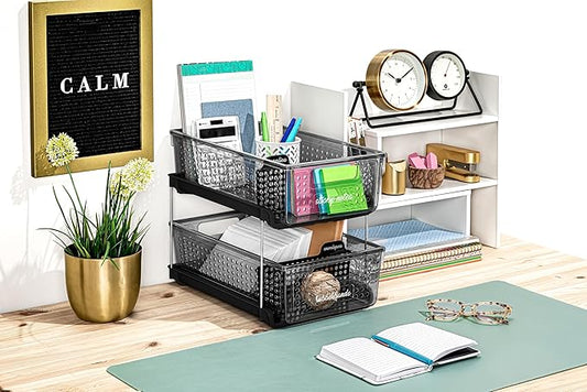 madesmart Premium 2 Tier Organizer, Undersink Storage with Pull Out Sliding Drawers, for Cleaning Supplies, Pantry, Sponges, Bottles, Adjustable Dividers & Pull Out Sliding Baskets, Smoke