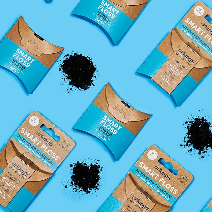 DrTung's Vegan Activated Charcoal Floss - Natural Floss, PTFE & PFAS Free, Gentle on Gums, Expands & Stretches, BPA Free- Natural Dental Floss Lemongrass Flavor (Pack of 6)