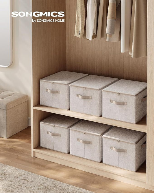 SONGMICS Foldable Storage Organizer Boxes, Set of 3 Storage Basket Bins with Lids, Handles, Clothes Organizer, 15.7 x 11.8 x 9.8 Inches, Non-Woven Fabric, Summer Sand URZB003K01