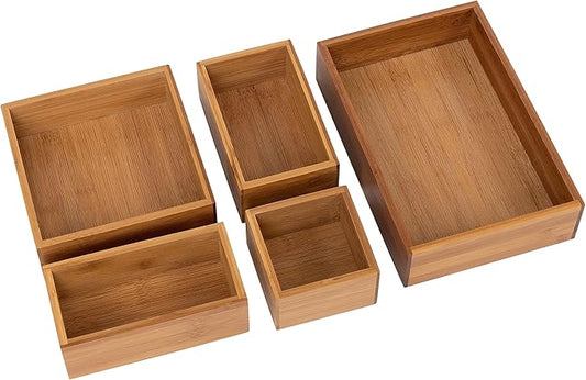 Seville Classics Bamboo Premium Organizer Storage Bins for Kitchen Silverware, Pantry, Closet, Office Desk, Pens, Utensils, Makeup, K Cup, Bamboo, Bin Set (5 Piece)