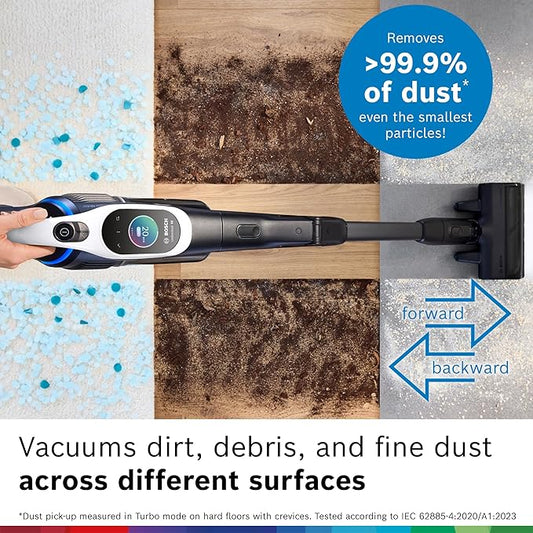Bosch Unlimited 10 Cordless Stick Vacuum, Up to 80-Min Runtime, 90° Flex Tube, MicroClean Brush, >99.9% Dust Pick-up, HEPA Filter, Pet Hair, Carpets & Hard Floors, 3 Accessories, White