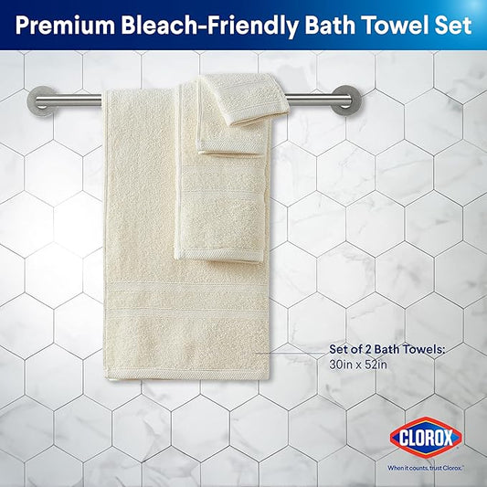 Clorox Bleach Friendly Towels, Quick Dry, 100% Cotton Bath Towels (30" x 52"), Highly Absorbent Soft Lightweight, Ideal for Everyday Use, Easy to Wash (2 Pack, Ivory)