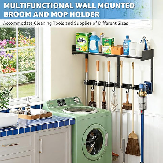 Broom Holder Wall Mount, 27" Large Mop and Broom Organizer Wall Hanging with Top Storage Shelf & Vacuum Hook, Heavy Duty Iron Utility Rack for Laundry Room, Garage, Kitchen, Garden - Black