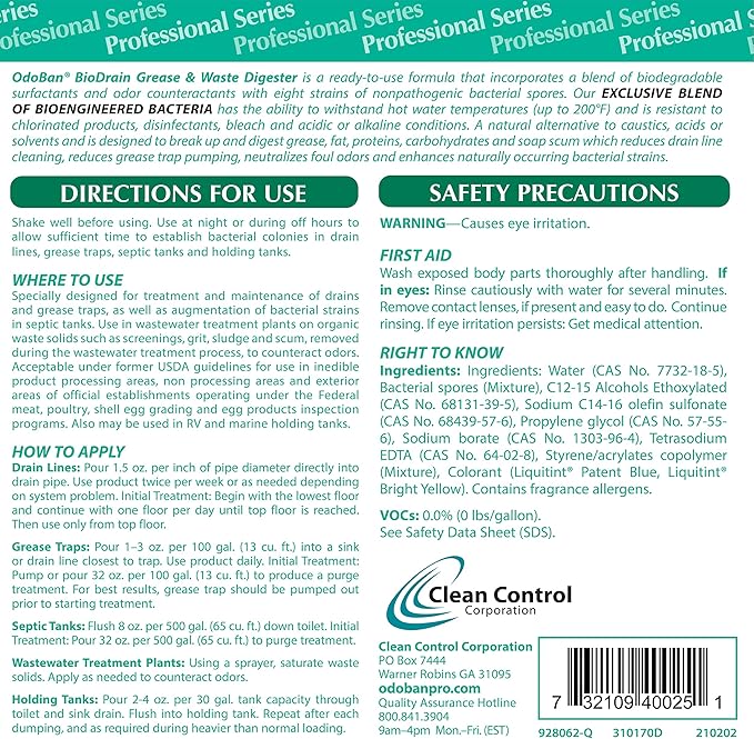 OdoBan Professional Cleaning Ready-to-Use BioDrain Grease and Waste Digester, Made in the USA, Set of 2 Bottles, 32 Ounces Each