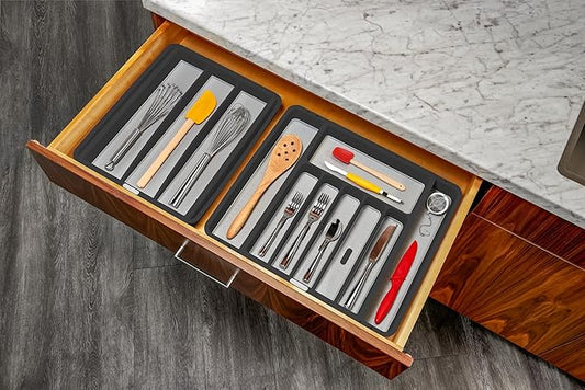 madesmart Expandable Silverware Tray, 8 Compartment Silverware Organizer for Forks, Knives & Spoons, Non Slip, Soft Grip Base, Expands to Fit Most Drawers, Carbon