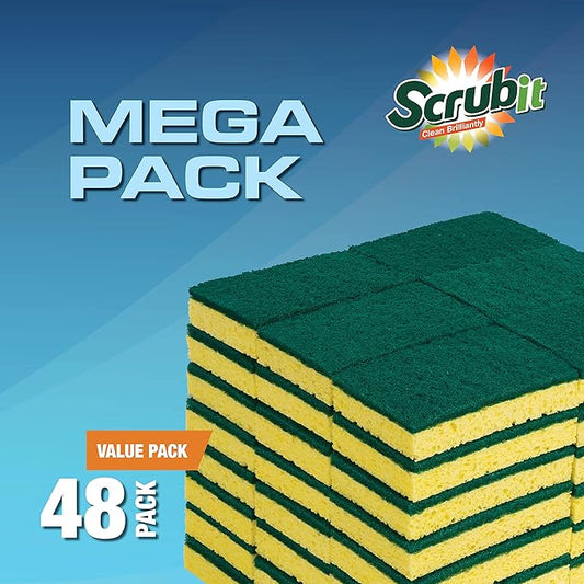 SCRUBIT 48 Pack Heavy Duty Scrub Sponges - Dishwashing Sponge Along with A Tough Scouring Pad - Dual Sided Dish Sponge Ideal for Cleaning Kitchen, Dishes, Bathroom - Yellow - Bulk sponges