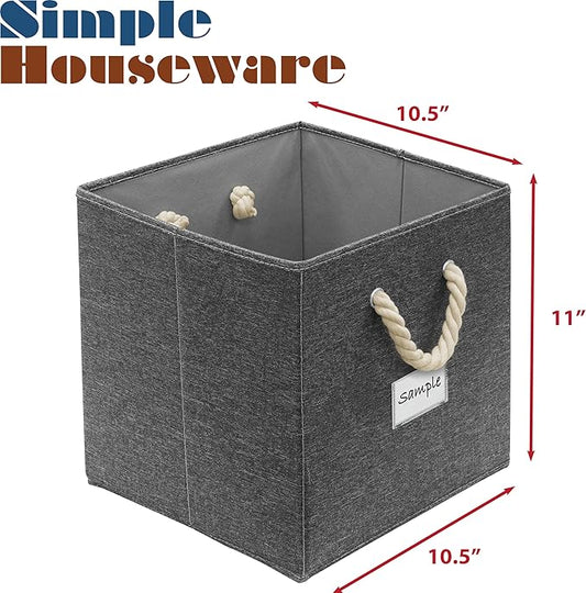 SIMPLE HOUSEWARE 11-Inch Cube Storage Bin With Braided Handles, 4 Pack, Dark Gray