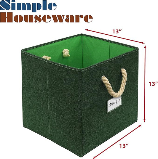 SIMPLE HOUSEWARE 13-Inch Cube Storage Bin With Braided Handles, 3 Pack, Green