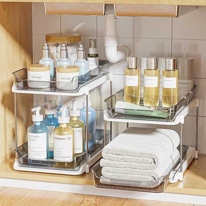 Delamu 2-Tier Multi-Purpose Bathroom Under Sink Organizers and Storage, Stackable Kitchen Pantry Organization, Pull Out Medicine Cabinet Organizer with Movable Dividers, Grey, 4 Pack