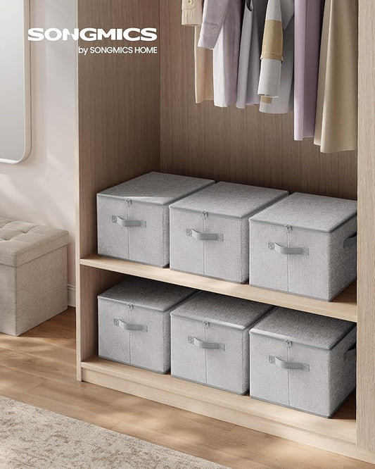 SONGMICS Foldable Storage Organizer Boxes, Set of 3 Storage Basket Bins with Lids, Handles, Clothes Organizer, 15.7 x 11.8 x 9.8 Inches, Non-Woven Fabric, Dove Gray URZB003W01
