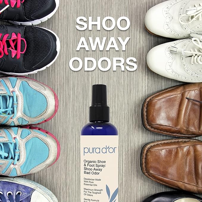 PURA D'OR Organic Shoe & Foot Odor Eliminator Spray (8oz) Deodorizes & Removes Bad Smells with Eucalyptus, Peppermint, Tea Tree, Lemongrass Essential Oil, Maximum Strength (Packaging may vary)