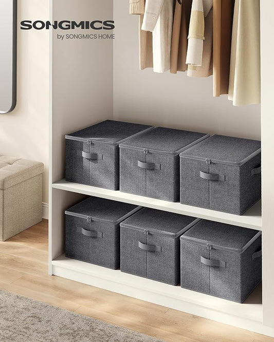 SONGMICS Foldable Storage Organizer Boxes, Set of 6 Storage Basket Bins with Lids, Handles, Clothes Organizer, 15.7 x 11.8 x 9.8 Inches, Non-Woven Fabric, Slate Gray URZB003G02